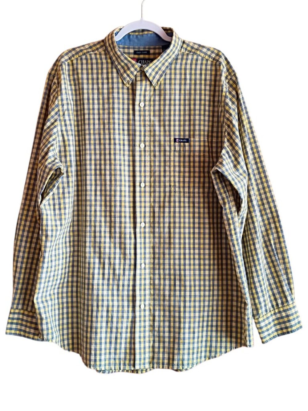 CHAPS Men's Shirt Easy Care Yellow Blue Plaid Long Sleeve Button-Down XL